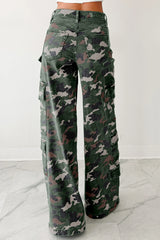Green Camo Denim Cargo Wide Leg Pants